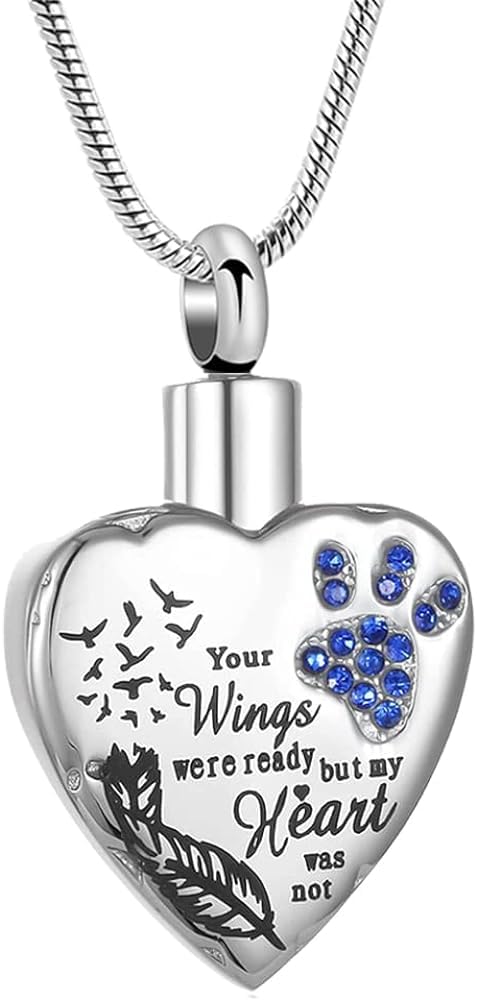 Memorial Jewelry Your Wings Were Ready, But My Heart Was Not Stainless Steel Carved Locket Cremation Urn Necklace For Pet Dog Cats (Your Wings-Blue)