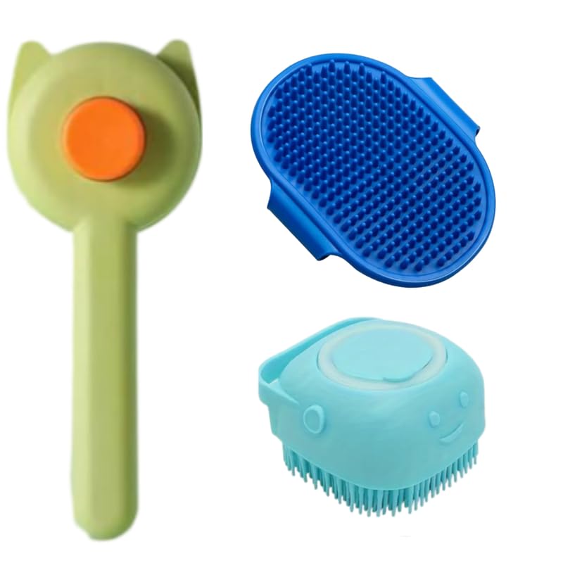 Dog Trust 3 pcs Cat Grooming Brush, Self Cleaning Slicker Brushes for Dogs Cats Pet Grooming bathing Glove Tool Gently Removes L