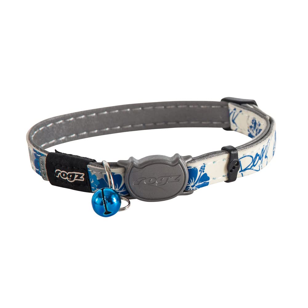 Rogz Glow In The Dark Reflective Cat Collar With Breakaway Clip And Removable Bell, Fully Adjustable To Fit Most Breeds, Blue Floral Cat Design