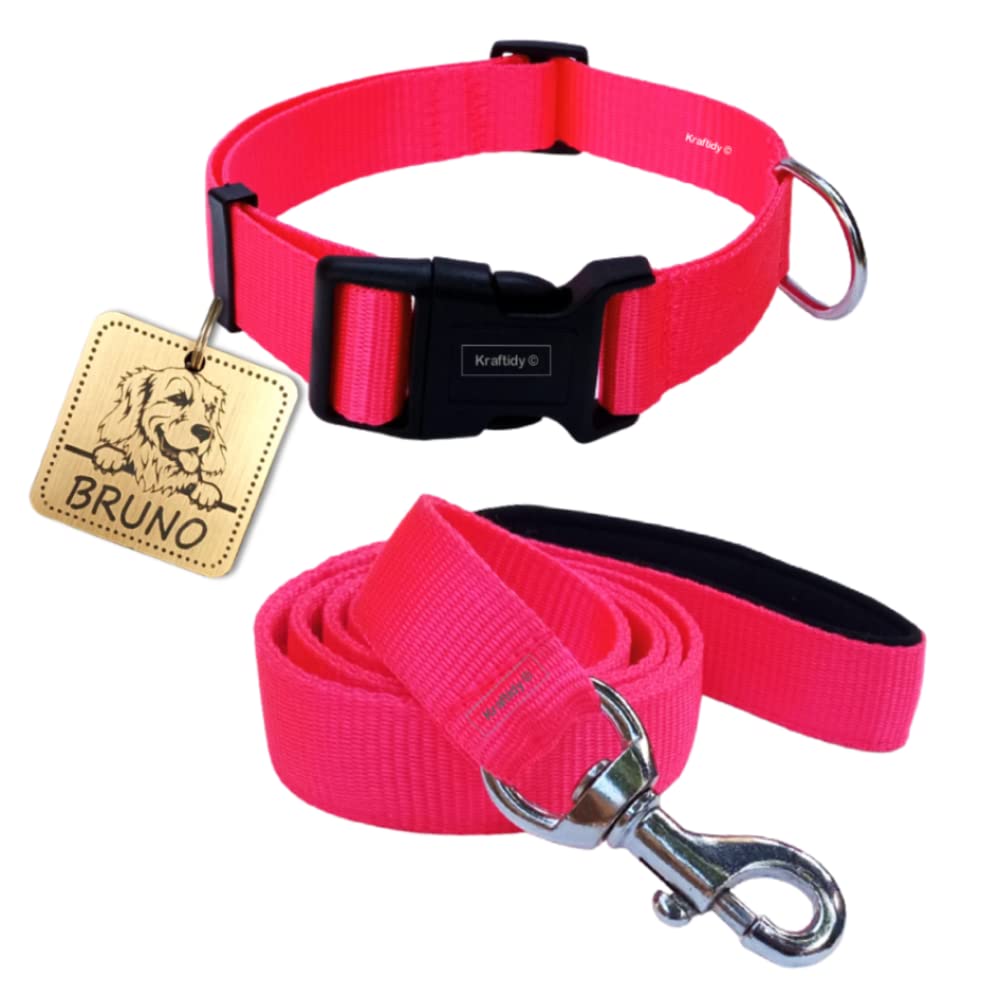 Kraftidy Dog Collar And Leash Belt With Name Tag Id Customized For Large Medium Small Dogs Neck Collar And Rope Leash With Perso