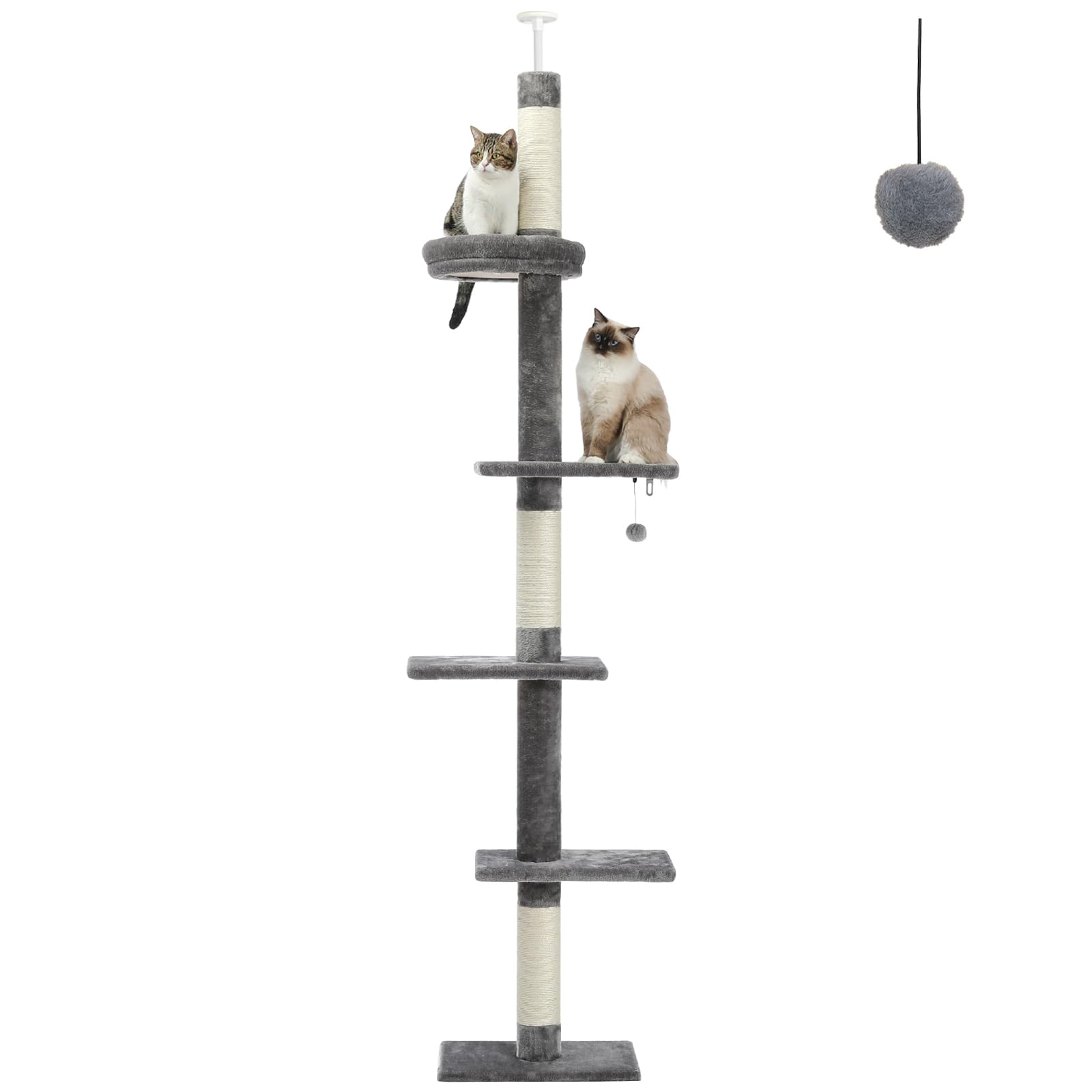 Petepela Cat Tower 5-Tier Floor To Ceiling Cat Tree Height(95-107 Inches) Adjustable, Tall Climbing Tree Featuring With Scratching Post, Cozy Bed,Interactive Ball Toy For Indoor Cats/Kitten Grey