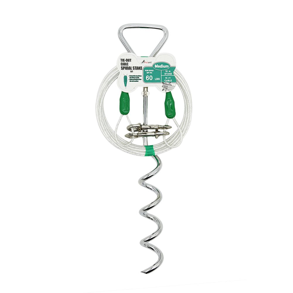 Petest 16 Inch Spiral Stake With 15Ft Reflective Tie-Out Cable For Medium Dogs Up To 60 Pounds