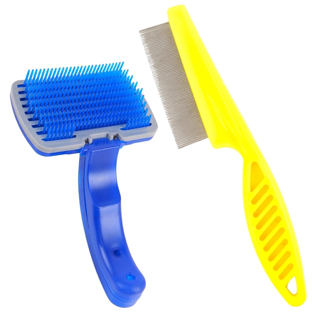 Professional Pet Grooming Brush Set, Blue and Yellow, Plastic Handle with Metal Bristles, Dog Hair Removal and Detangling Tool(P
