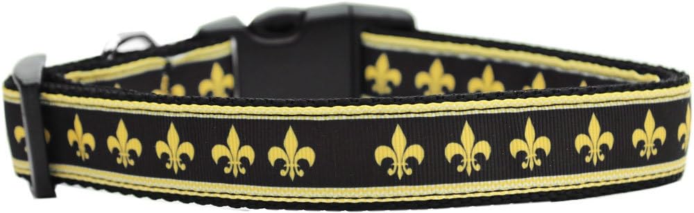 Pet Dog and Cat Nylon Collar or Leash, "Black & Gold Fleur De Lis" MD Narrow Collar