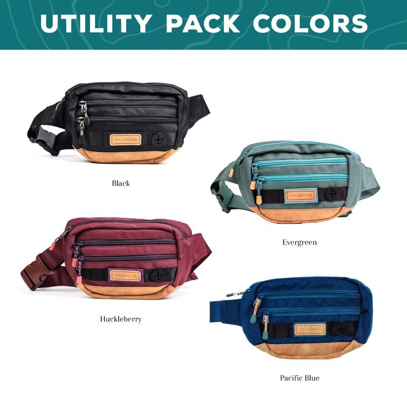 Wilderdog Utility Fanny Pack stores Treats, Balls, Keys in 3 Pockets with adjustable strap and Poop Bag dispenser (Black)