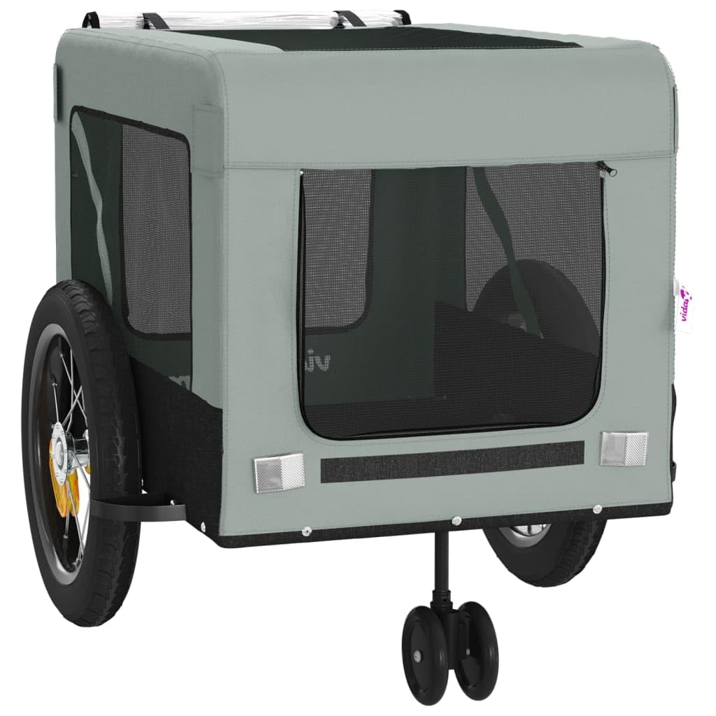 vidaXL Pet Bike Trailer-Gray/Black-Iron Frame Oxford Fabric-PVC Cover-Multiple Air Vents-Reflective Safety Features