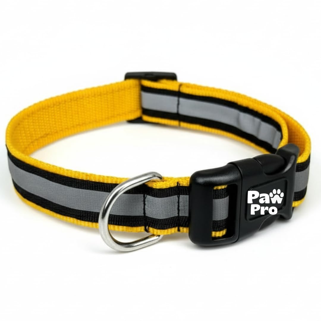 Pawpro Nylon Reflective Dog Collar With Secure DRing (LargeYellow)