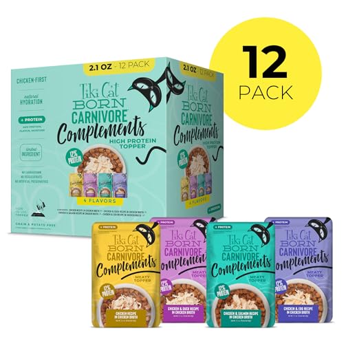 Tiki Cat Born Carnivore Complements Wet Cat Food Topper, Variety Pack 2.1 oz. Pouch (12 Count)