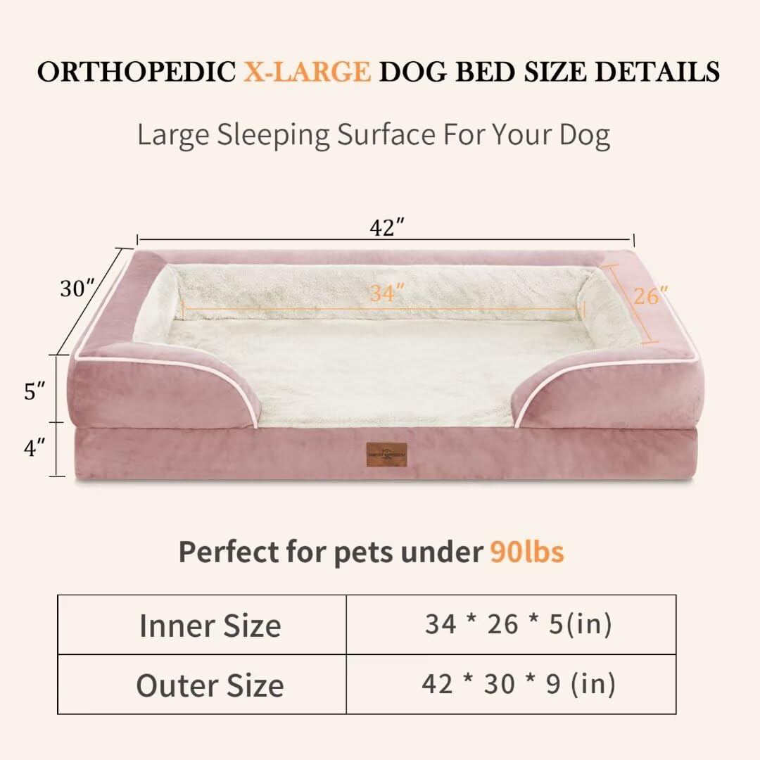 Comfort Expression Waterproof Orthopedic Foam Dog Beds Xl Dog Bed, Extra Large Dogs With Bolster, Washable Dog Bed Sofa Pet Bed With Removable Cover & Non-Slip Bottom(X-Large,Pink)
