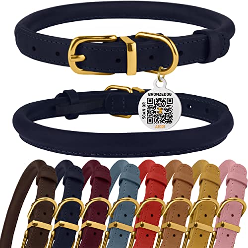 BRONZEDOG Rolled Leather Dog Collar with QR ID Tag Adjustable Soft Round Collars for Small Medium Large Dogs Puppy Cat (12 - 14 