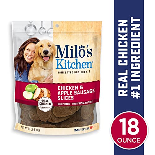 Milos Kitchen Homestyle Dog Treats, Chicken & Apple Sausage Slices, 18 Ounce, High Protein, No Artificial Flavors