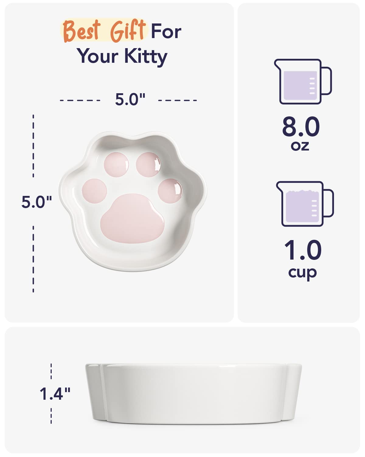Le Tauci Cat Bowls: Shallow Ceramic Cat Dishes, 8 Oz, Relief Whisker Fatigue, Paw Shaped Kitten Bowls & Water Dish