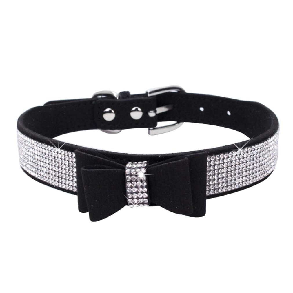 Black Xxs Dog Collar, Rhinestone Puppy Collar Boy, Diamond Bling Jewel Glitter Sparkly Bedazzled Pet Collars With Bow Adjustable