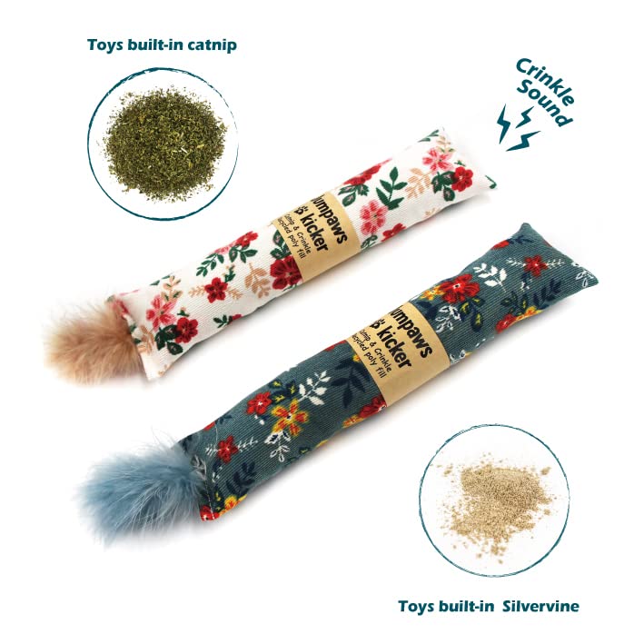Jumpaws Cat Kicker Toys 2 Pack - Natural Catnip & Silvervine, Soft Corduroy, Feathers, Bite Resistant, Indoor Cat Accessories, Model AD-8919