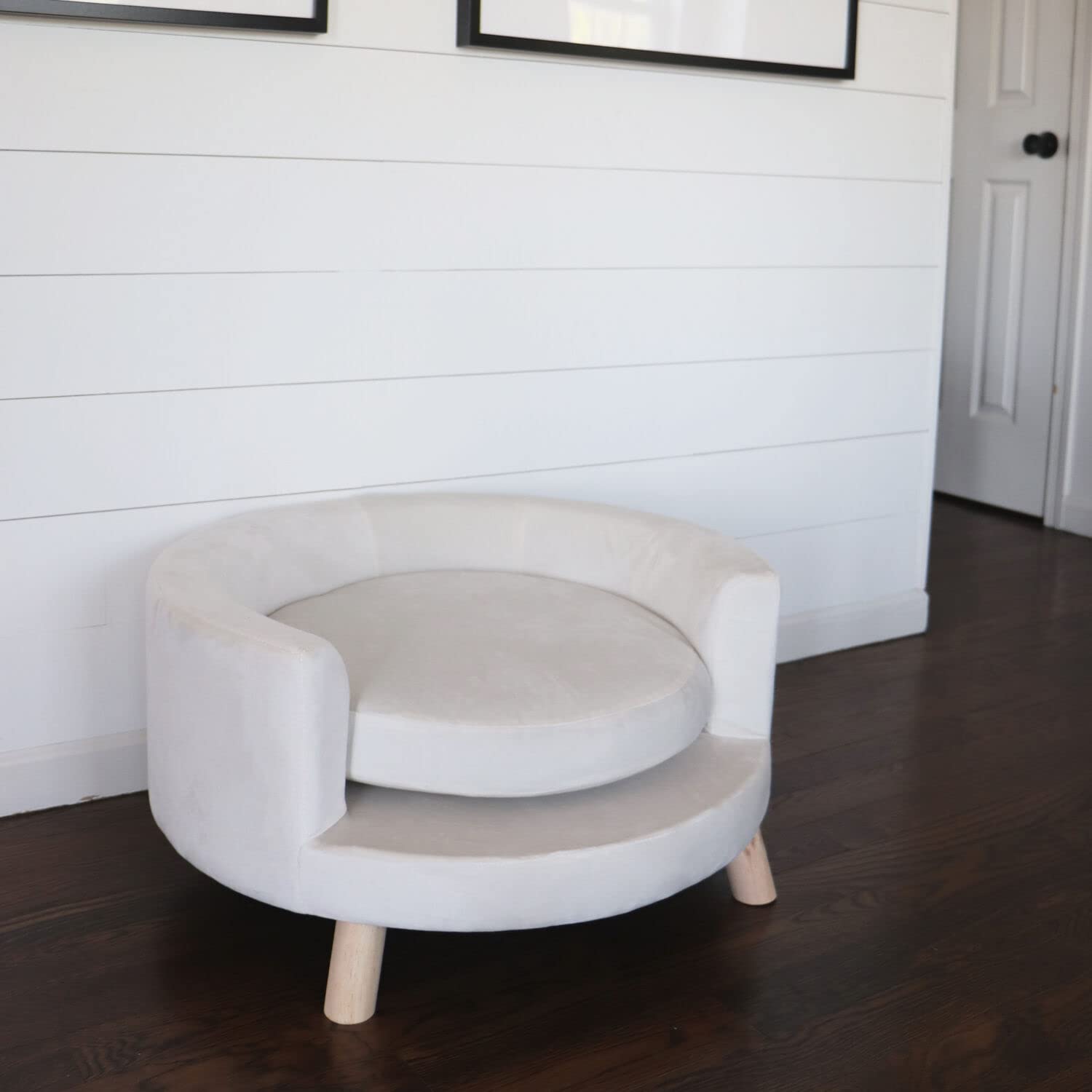 Critter Sitters 28-In. Elegant Circular Dog & Cat Sofa, Modern Elevated Pet Bed in Faux-Velvet White, Comfortable for Small to M