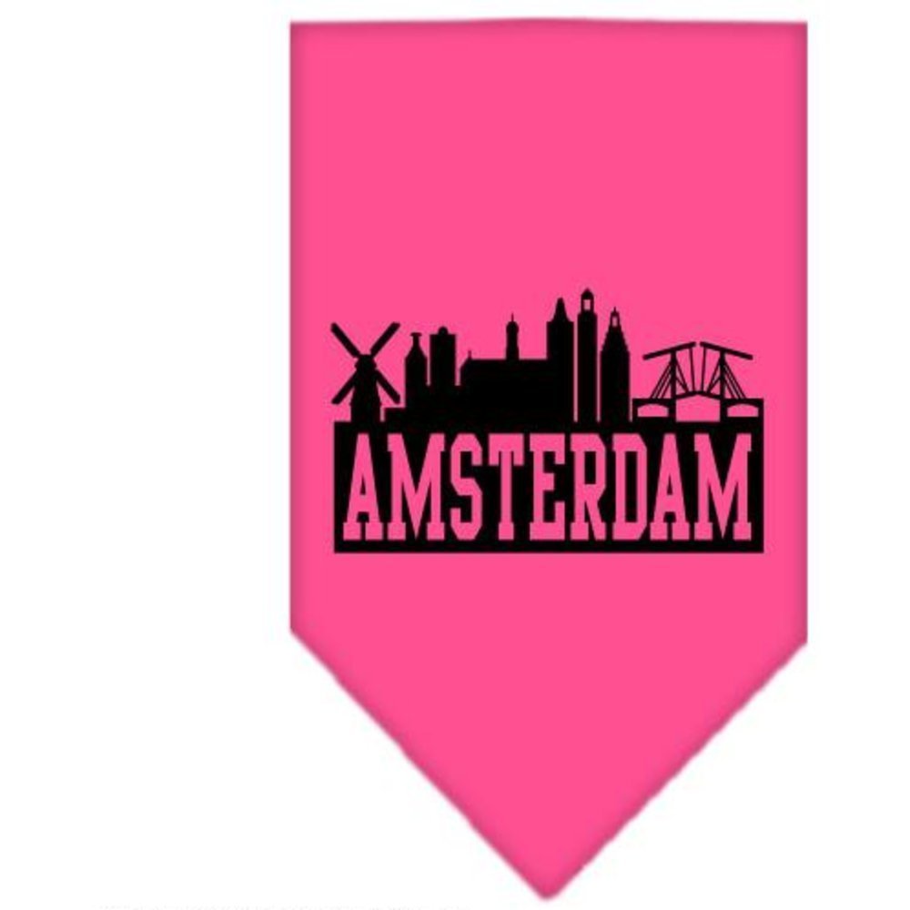 Pet and Dog Bandana Screen Printed, "Amsterdam Skyline" Bright Pink Large