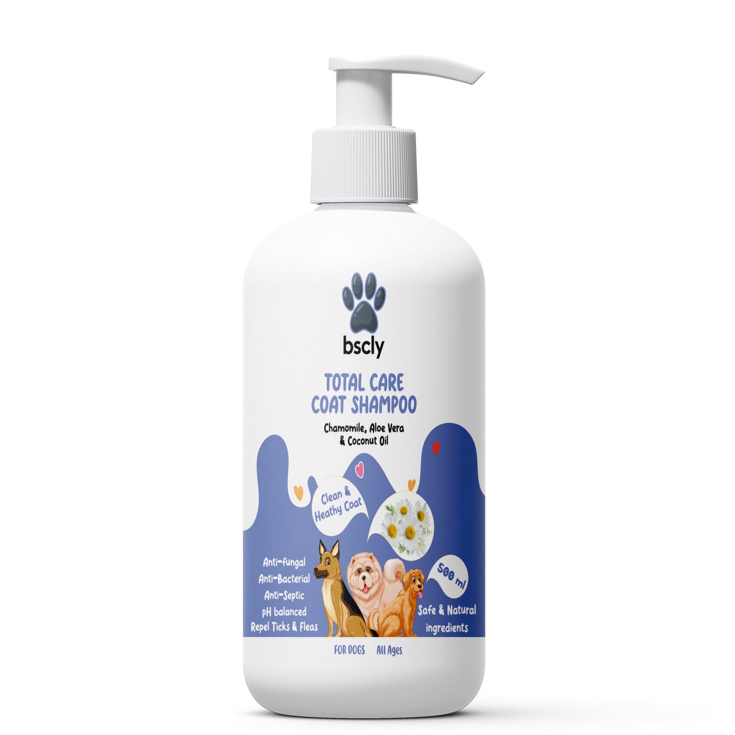 Bscly Total Care Pet Shampoo 500Ml - Puppy Safe Shampoo - Ticks & Fleas Prevention, Enriched With Aloe & Coconut Oil, Ph Balance