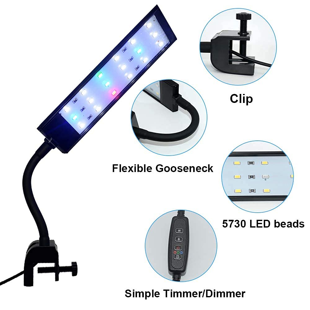 Varmhus Fish Tank Clip On Light, Rgb Clamp Aquarium Light Fish And Plant Aquarium Lighting With Timer Dimmer For Sunrise And Sunset (7W)