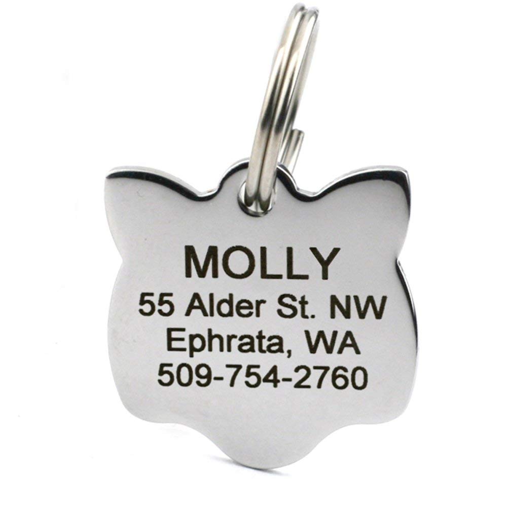 GoTags Cat ID Tag, Personalized Cat Shape Pet ID Tag in Stainless Steel, Includes up to 4 Lines of Custom Engraved Text - Stainl