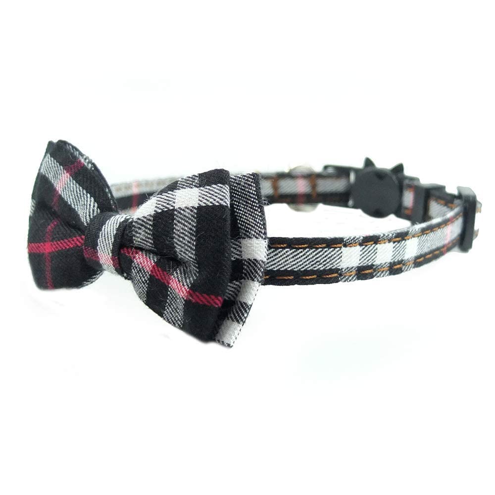 Cat Collar Breakaway With Bell And Bow Tie, Plaid Design Adjustable Safety Kitty Kitten Collars(6.8-10.8In) (Black Plaid 2)