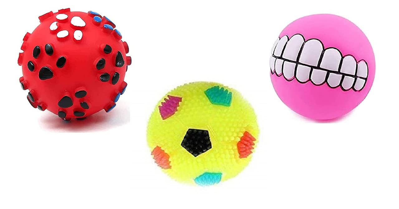 Dog Trust Dog Ball and Squeaky Toys 3 in 1 Combo for Dogs Puppy Cats (paw Print+LED Ball+Funny Teeth Ball) Multicolor