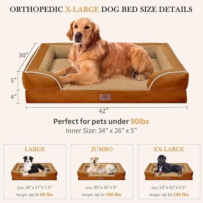 Comfort Expression Xl Dog Beds, Waterproof Dog Bed With Bolster, Extra Large Dog Beds Orthopedic, Washable Dog Bed Sofa Pet Bed With Removable Cover & Non-Slip Bottom(X-Large,Caramel)