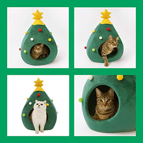 Christmas Cat Beds, Christmas Tree Cat Beds House, Portable Indoor Cat Igloo Xmas Bed Cave for Small Dogs and Small Animals, Gre
