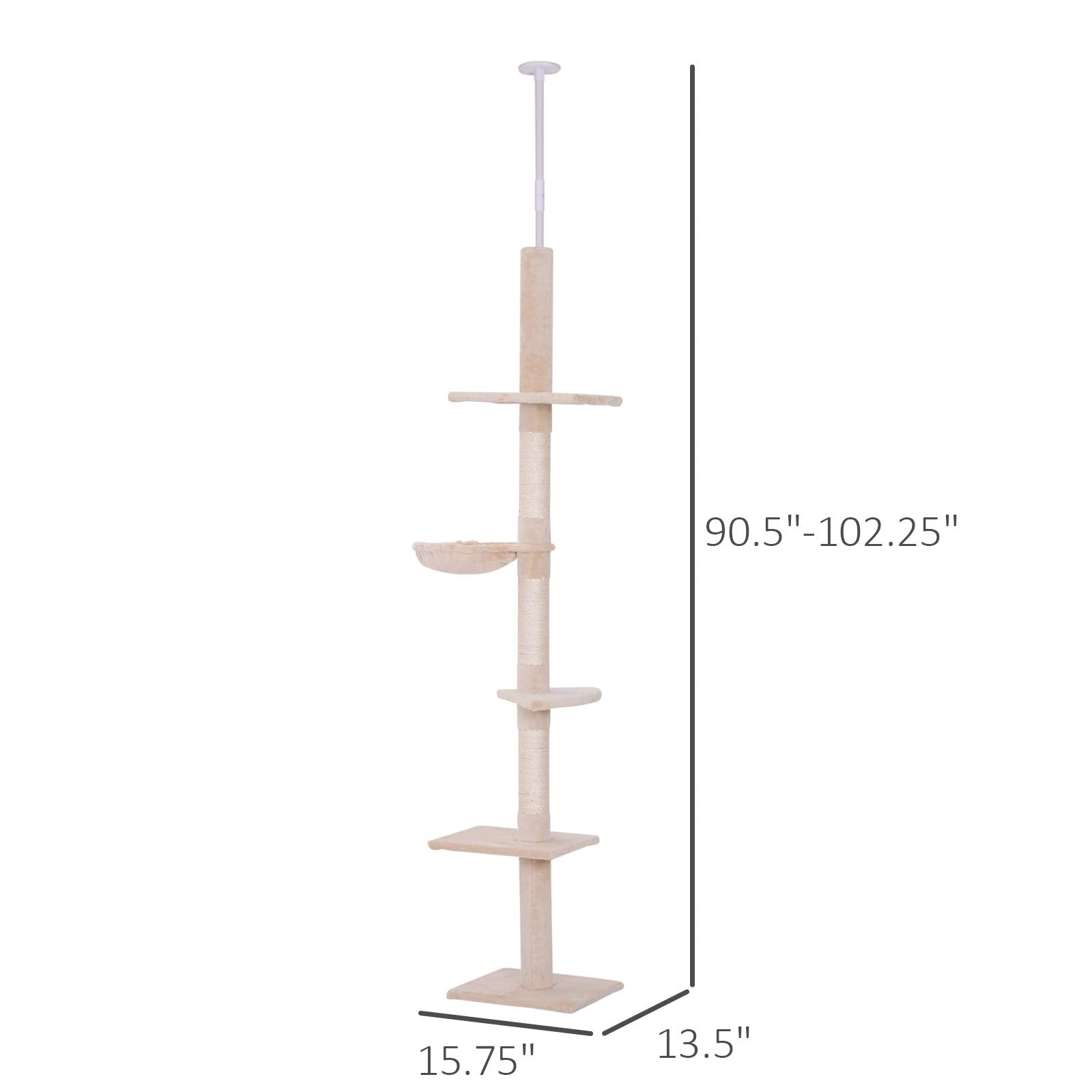 Pawhut 8.5' Adjustable Height Floor-To-Ceiling Vertical Cat Tree, Beige And White