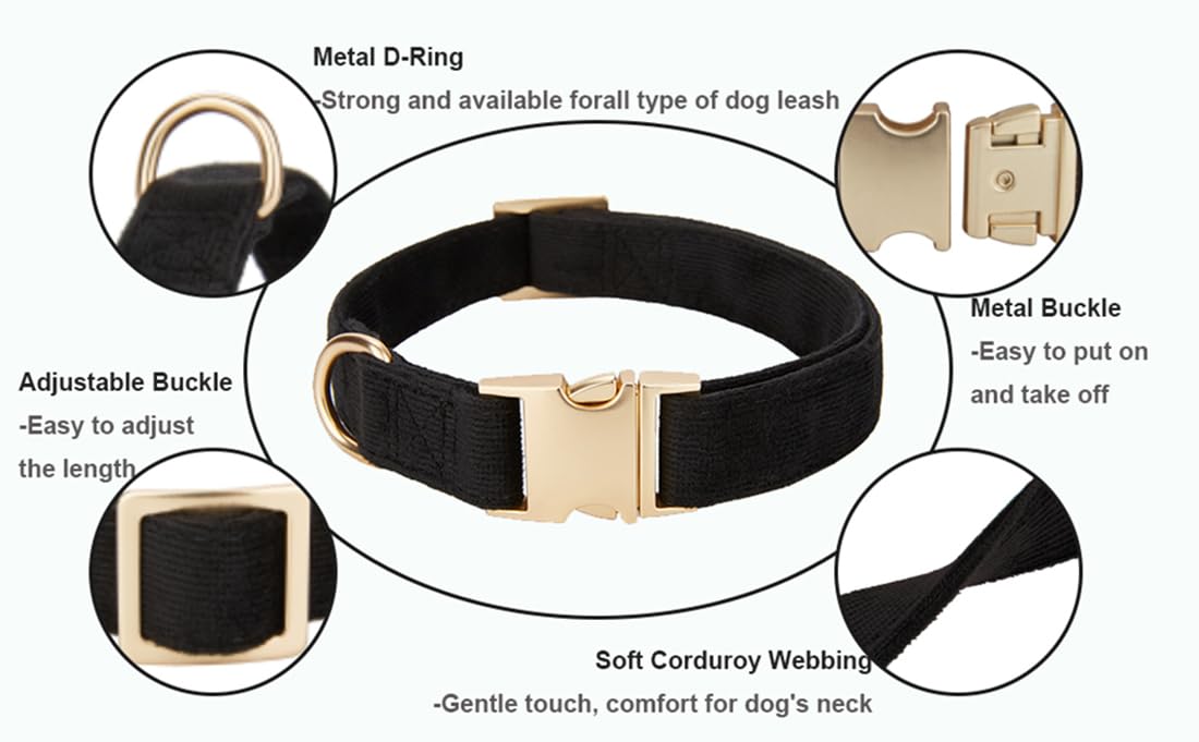 YUDOTE Soft Cotton Dog Collar with Metal Buckle Adjustable Heavy Duty Comfy Corduroy Collars for Small Medium Large Dogs,Black,M