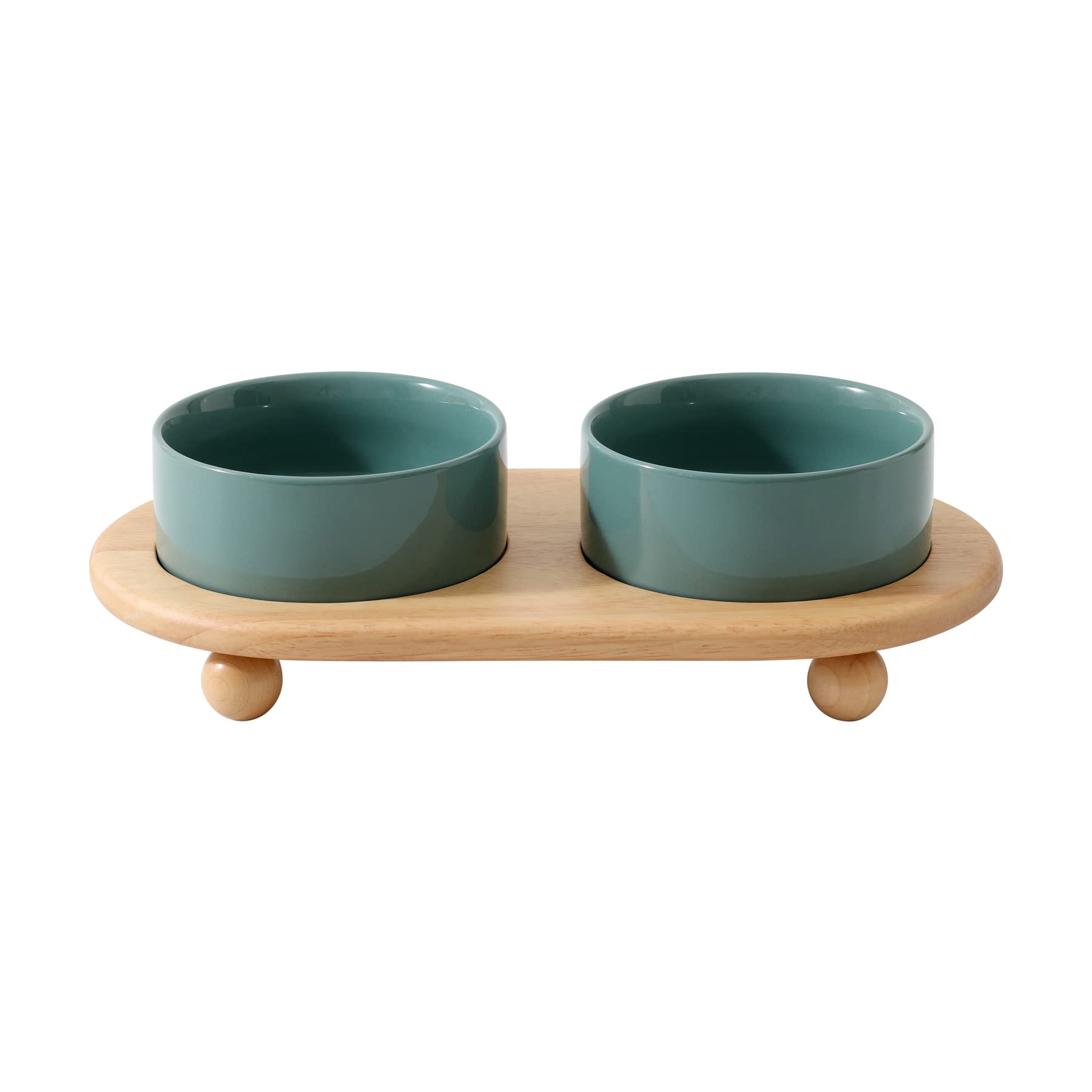 Havniva Ceramic Elevated Cat Feeder and Water Bowl, Kitty Dish - Dark Green (5.1 in, 2 x Stand)
