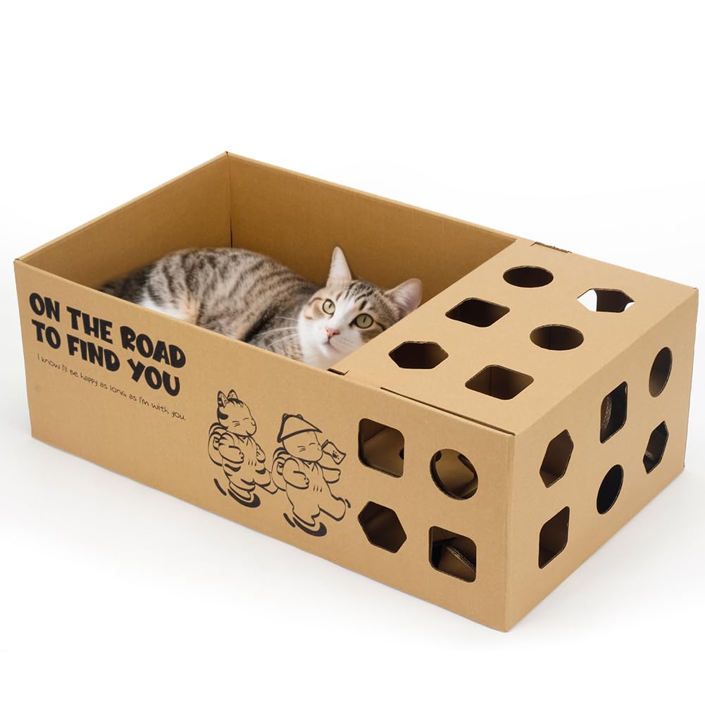 3-In-1 Multi-Functional Cardboard Cat Scratcher Box With Double-Sided Scratch Pad And Interactive Toy Assortment - Includes Refi
