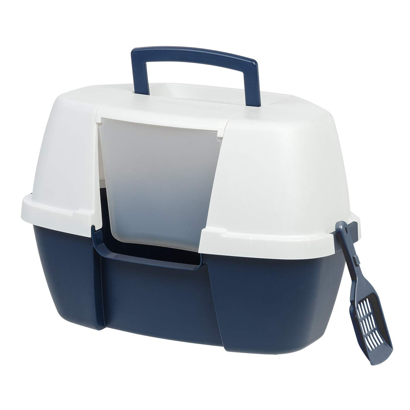 Iris Usa Corner Cat Litter Box Enclosed With Scoop - Privacy And Easy Access For Cleaning, Odor Defensive Hooded Litter Tray, Sturdy Stain Resisting Plastic, Fits In Most Corners, Navy/White