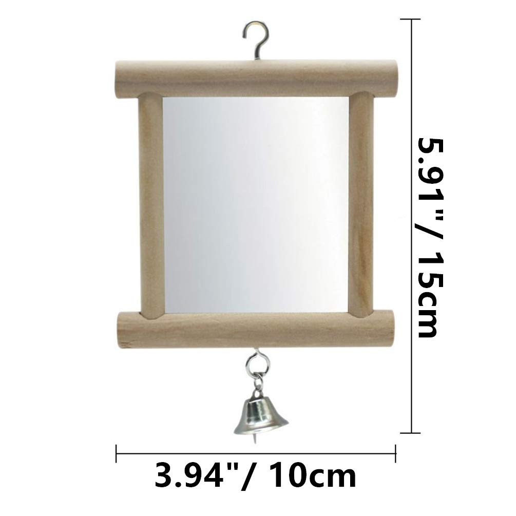 Bird Mirror Wooden Hanging Swing Interactive Play Toys For Small Parrot Budgies Macaw African Grey Parakeet Cockatiel Conure Lovebird Cage Accessories (Bird Mirror With Bell-2 Pcs)