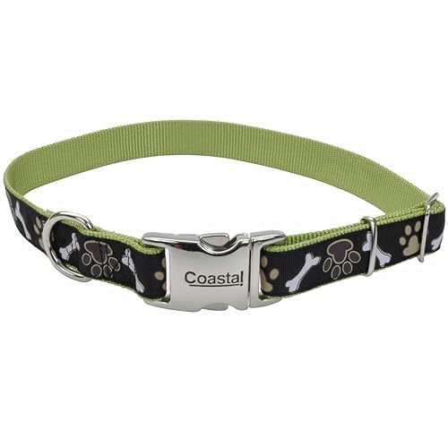 Coastal Pet - Ribbon - Adjustable Dog Collar With Metal Buckle, Brown Paws And Bones, 1' X 18'-26'