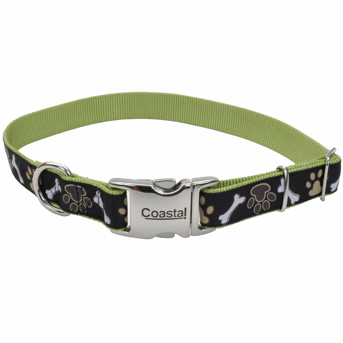 Coastal Pet - Ribbon - Adjustable Dog Collar With Metal Buckle, Brown Paws And Bones, 1' X 18'-26'