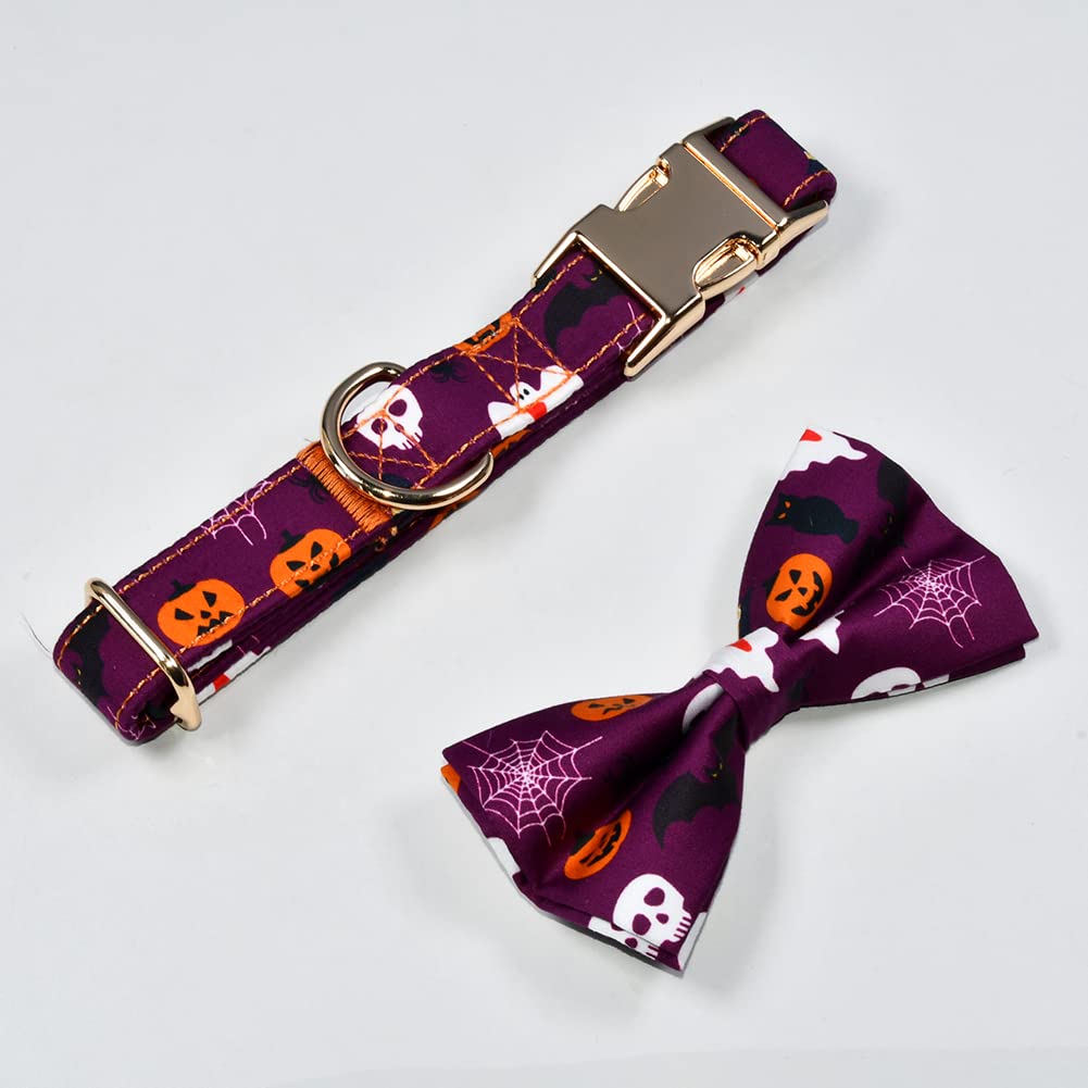Nesttimes Halloween Bats,Ghosts,Black Cats And Pumpkins Dog Bow Tie Dog Collar,Detachable Bowtie, Adjustable Collar For Small Medium Large Dogs, L(14 --21'')