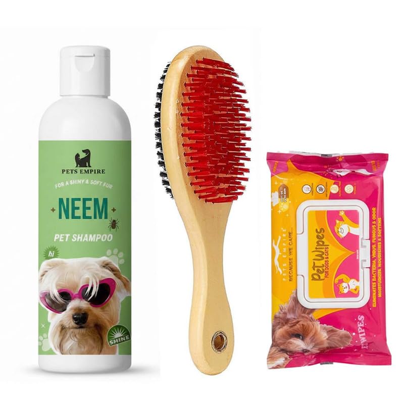 Pets Empire 3-In-1 Dog & Cat Grooming Kit - Self-Cleaning Slicker Brush, Neem Shampoo 500Ml & Pet Wet Wipes | Complete Grooming 