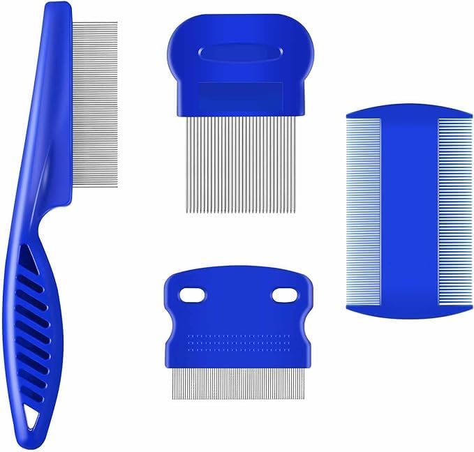 Petangel 4Pcs Flea Lice Comb, Stainless Steel Dog Cat Grooming Combs With Rounded Teeth, Double Sided Professional Pet Tear Stai