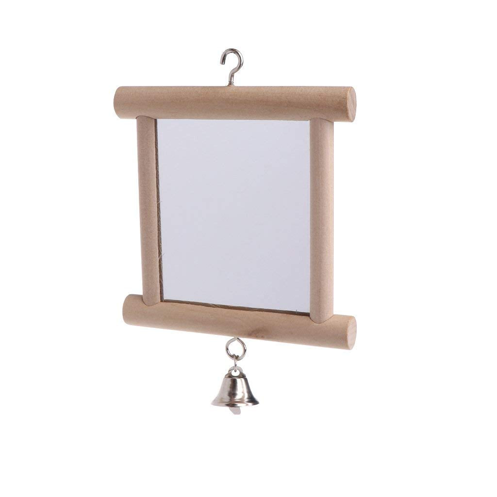 Bird Mirror Wooden Hanging Swing Interactive Play Toys For Small Parrot Budgies Macaw African Grey Parakeet Cockatiel Conure Lovebird Cage Accessories (Bird Mirror With Bell-2 Pcs)