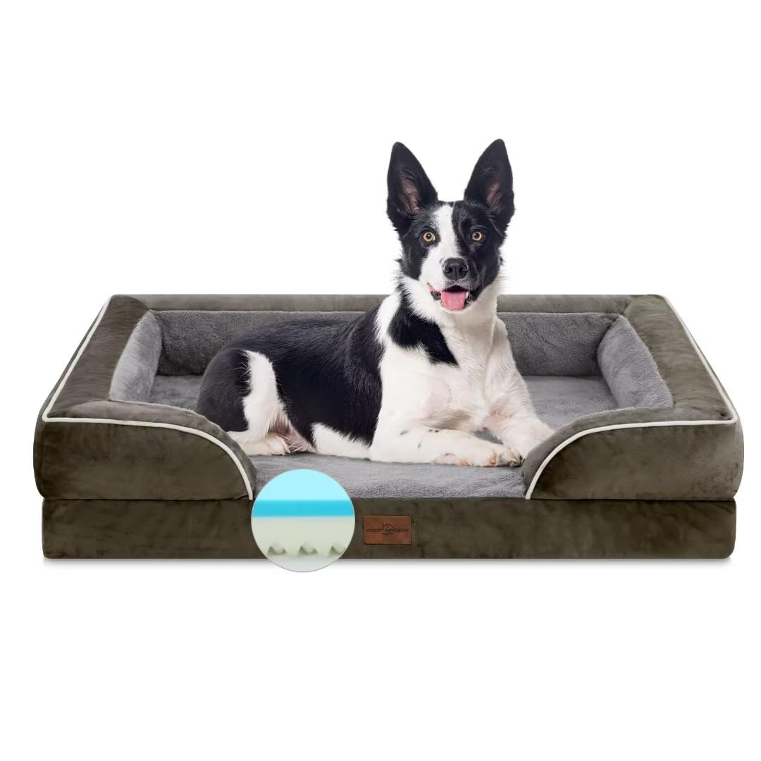 Comfort Expression Orthopedic Memory Foam Dog Bed, Cooling Dog Bed For Large Dogs, Waterproof Dog Beds, Washable Dog Bed With Removable Cover,Pet Bed Dog Sofa With Bolster(Large,Olive Green)