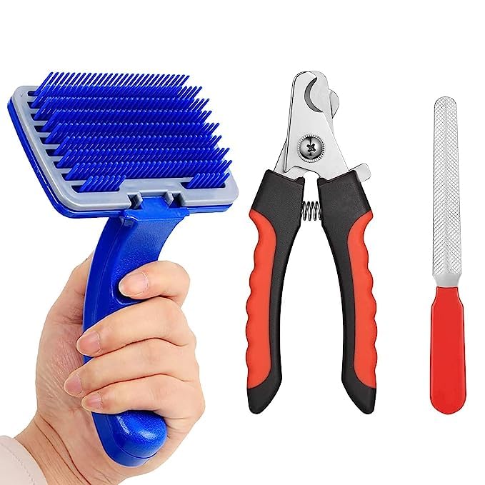 Woofy Dog Grooming Kit  Pet Plastic Slicker Brush With Press Key, Pet Nail Clippers And Nail Grinder For Dogs, Cats, Hamsters, 