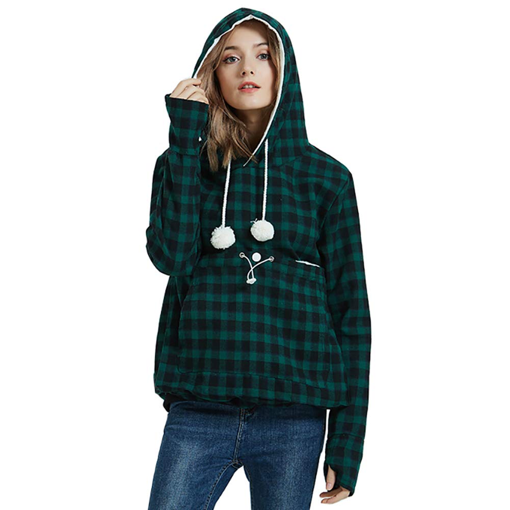 Jomago Womens Pet Carrier Thin Hoodies Kitten Puppy Pouch Shirts Animal Holder Hood Long Sleeve Sweatshirt Plaid Green