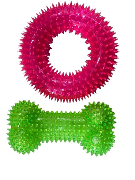 Tailtec Spike Dental Chew Bone Toy For Dogs | Combo Of 2 Squeaky Spike Ring And Spike Bone | Fun And Durable Chew Toys | Color V