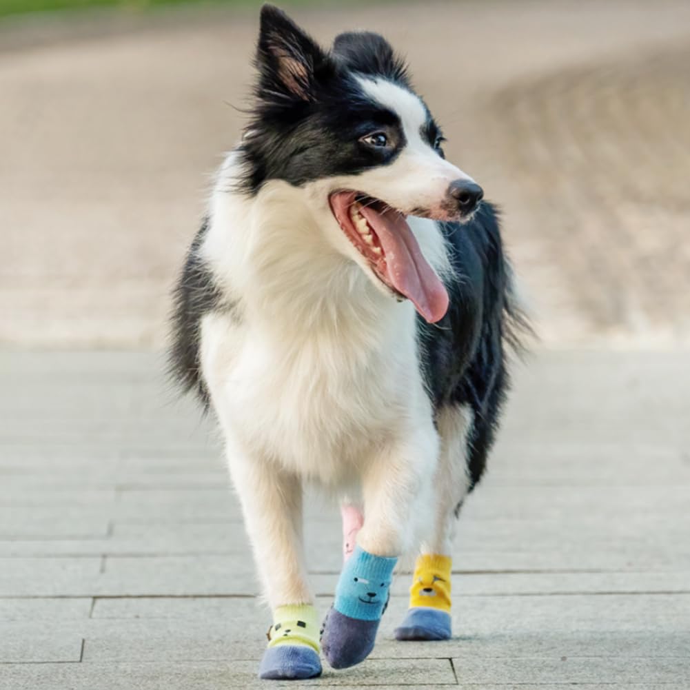Paipeper 4 Pairs Anti-Slip Dog Socks,Prevent Licking, Paw Protector,Traction Control Indoor For Small Medium Dogs(Green+Yellow-X