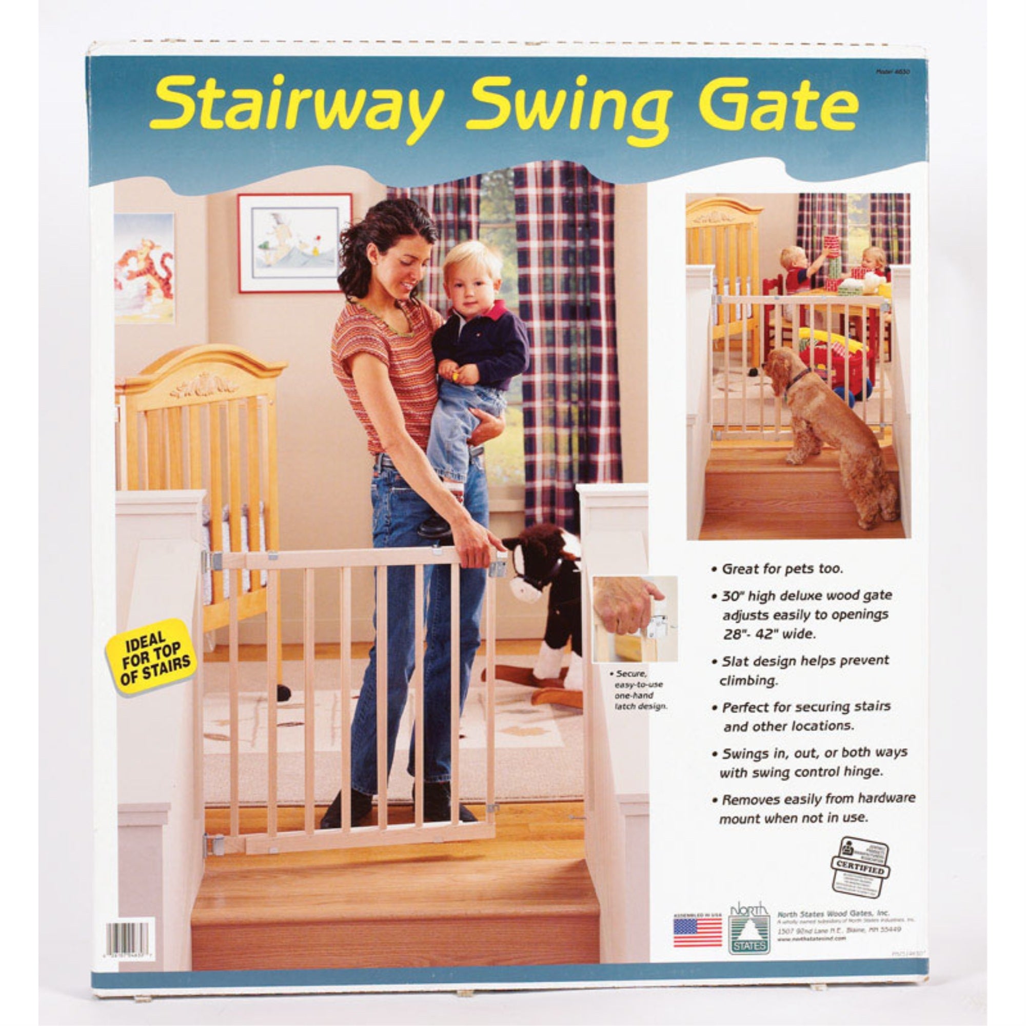 Toddleroo by North States Stairway Swing Wooden Gate, Baby Gate for Stairs. Fits 28"- 42" Wide. Hardware Mount. Child Gates for Doorways. Made in USA (30" Tall, Sustainable Hardwood)