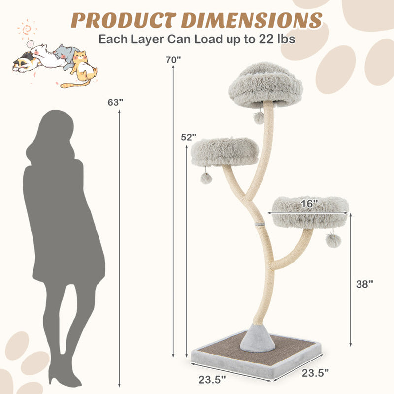 70 Tall Metal Cat Tree Tower with 3 Plush Perches & Sisal Scratching Posts