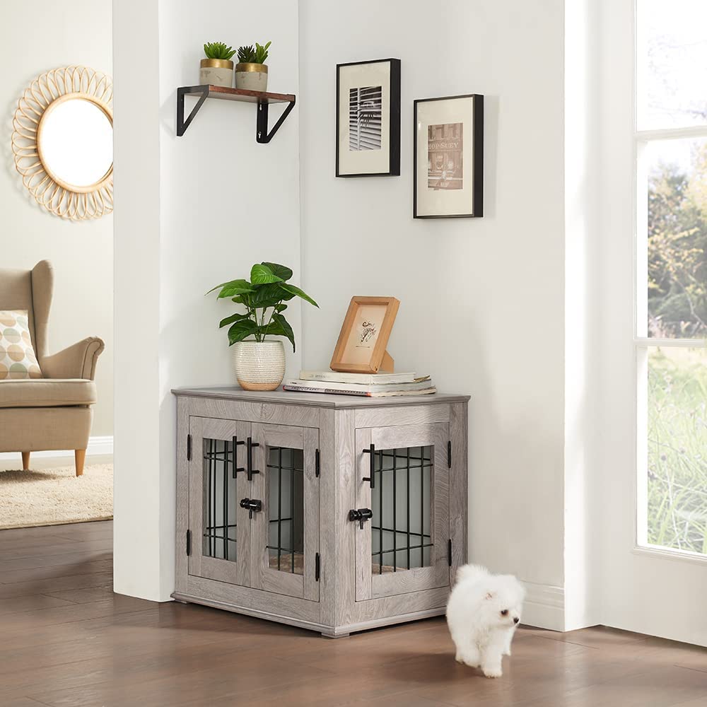Beenbkks Furniture Style Dog Crate End Table, Double Doors Wooden Wire Dog Kennel With Pet Bed, Decorative Pet Crate Dog House I