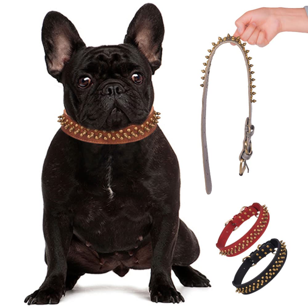 Serijoars Spiked Dog Collar Soft Pu Leather Mushrooms Rivet Spike Studded Dog Collar Adjustable Puppy Collars (M, Red1)