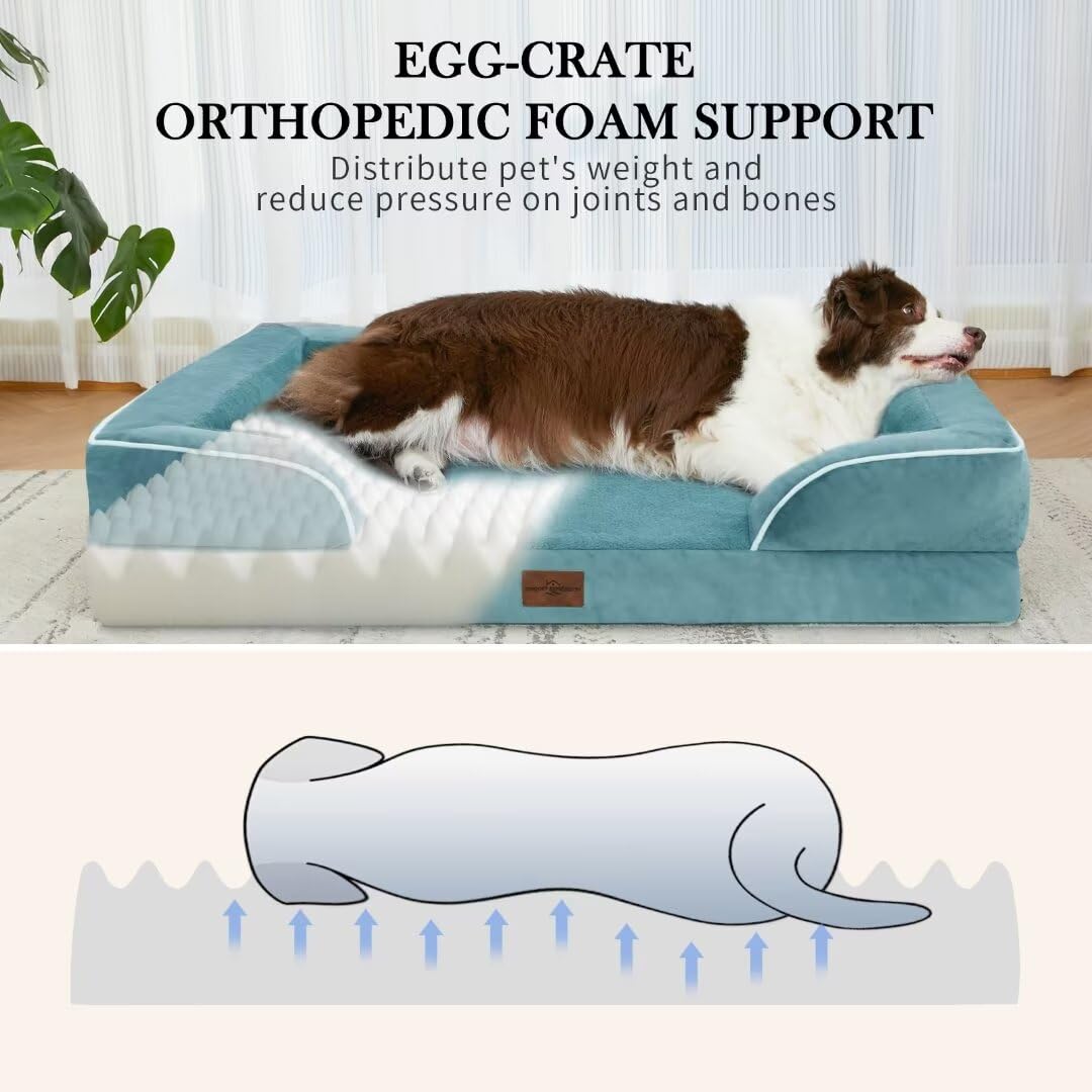 Comfort Expression Orthopedic Foam Xl Dog Beds Waterproof, Extra Large Dog Bed With Bolster, Washable Dog Bed Sofa Pet Bed With Removable Cover & Non-Slip Bottom(X-Large,Washed Blue)
