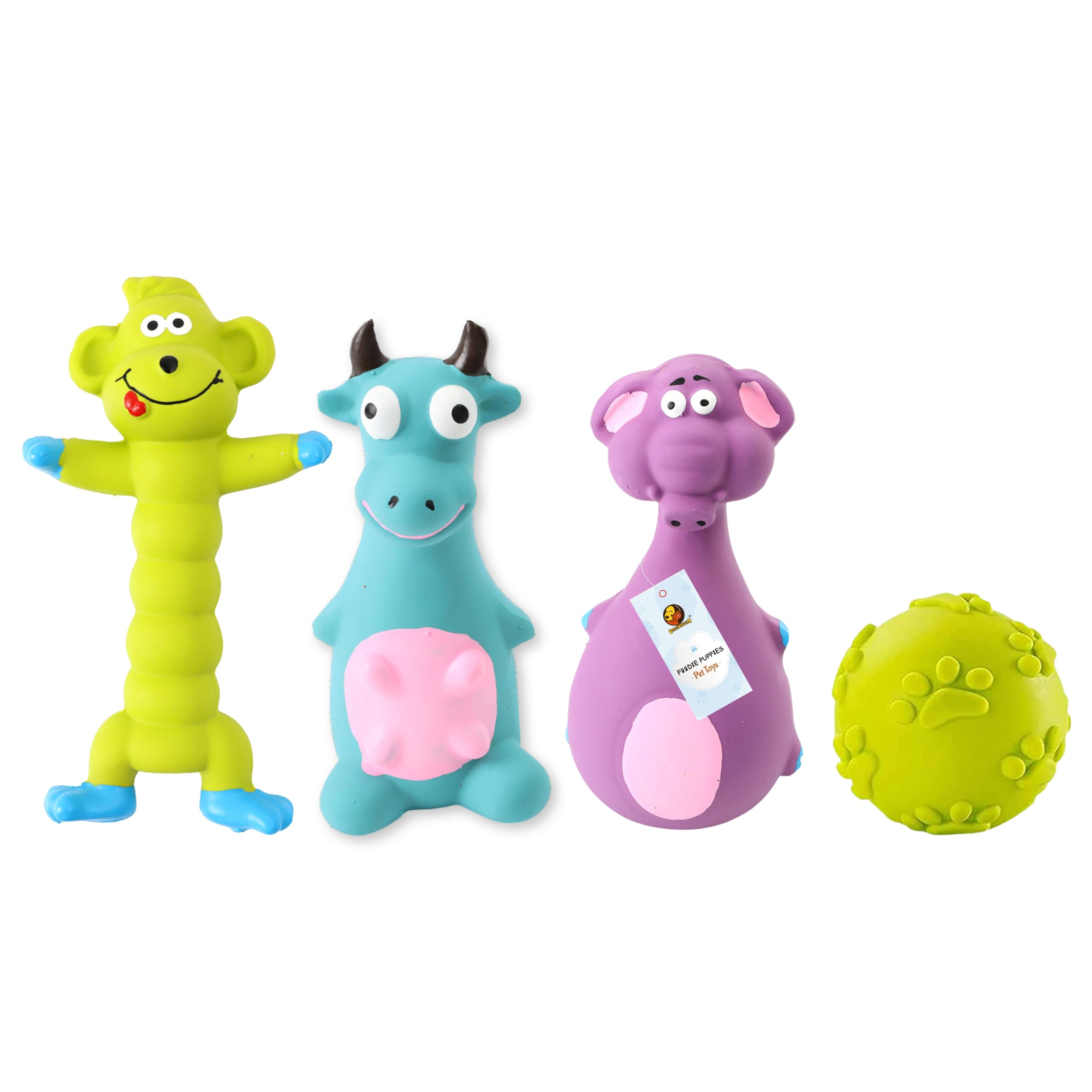 Foodie Puppies 4in1 Combo of Latex Squeaky Toy for Small to Medium Dogs  (Green Monkey + Purple Elephant + Blue Bull + Claw B
